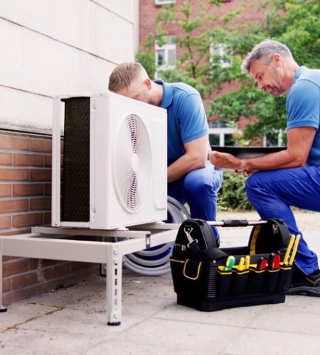 Technicians repairing outdoor HVAC unit